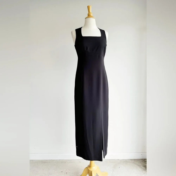 🖤 Vintage Liz Claiborne Black Dress – Classic Square Neck Midi (6) - Picture 2 of 8